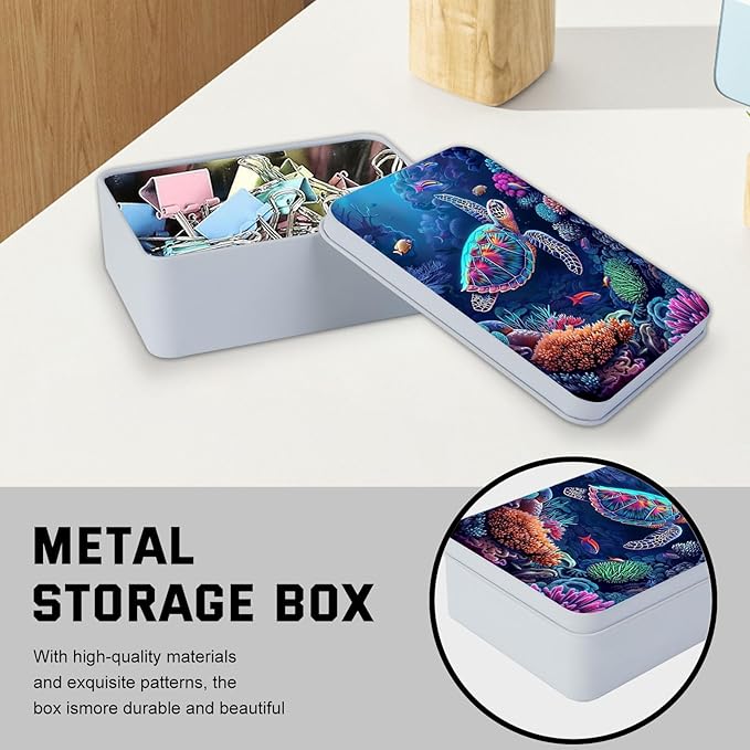 Metal Tin Box with Lid for Game Cards Home Large Organizer Candles Keys Crafts Storage - Comes with 4 Magnetic Cord Clips，Sea Turtle
