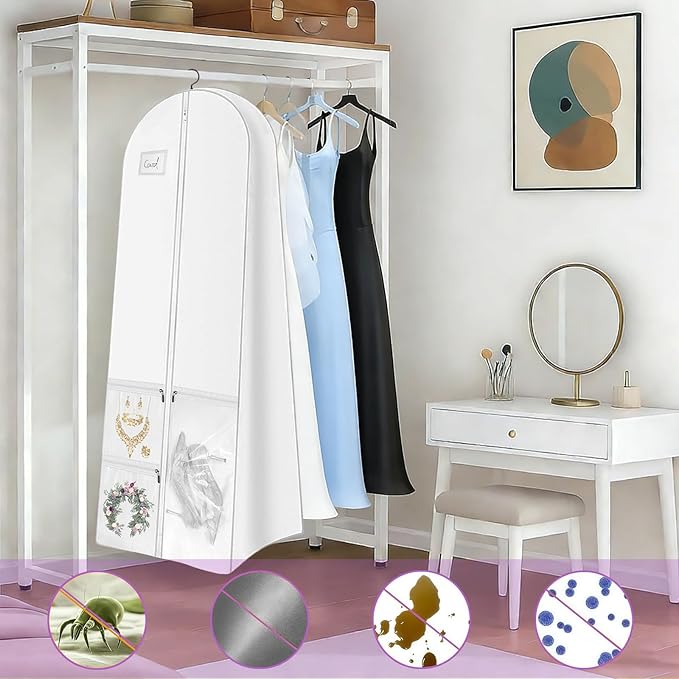 72" Wedding Dress Garment Bag with 10" Gusset & 4 Pockets - Extra Long Hanging Storage Cover for Bridal Gowns, Evening Dresses, and Formal Gowns, Travel Clothes Bag with Accessory Pockets