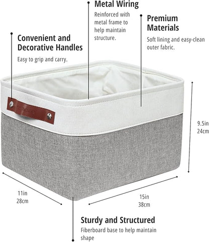 DECOMOMO Storage Bins, Large Fabric Storage Baskets for Shelves, Decorative Linen Closet Organizer, 15 x 11 x 9.5 inches (Grey & White, 4 Pack)