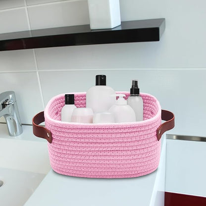 ABenkle Small Storage Basket, Mini Baskets with Handle, Cute Cotton Woven Baskets for Shelves, Boho Decorative Toy Storage Bin for Nursery, Spa, Empty Gift Basket - XS, Pink