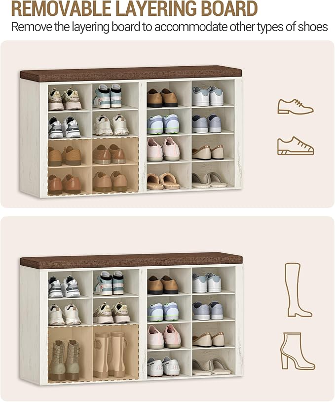 Hzuaneri Shoe Bench with Cushion, Entryway Storage Bench with 16 Cubbies, Cubby Shoe Rack with Adjustable Shelves, Shoe Organizer Cabinet for Living Room, Bedroom, Entryway, Rustic White SB25614KA