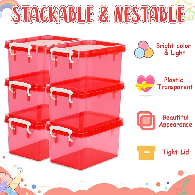 6 Pack 4 Quart Colorful Plastic Storage Bins with Lids Stackable Storage Bins with Latching Lids Handle Clear Colored Storage Organizer Bins for Home Office Pantry Containers(6 Red)