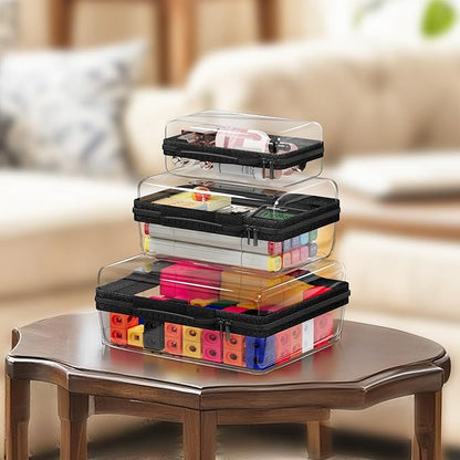 3PCS Clear Hard Shell Zipper Case, Portable Storage Box for Makeup, Toiletry, Travel, Durable and Waterproof Storage Bins, Grade Plastic Zipper Case, Cosmetic Bag (Black)