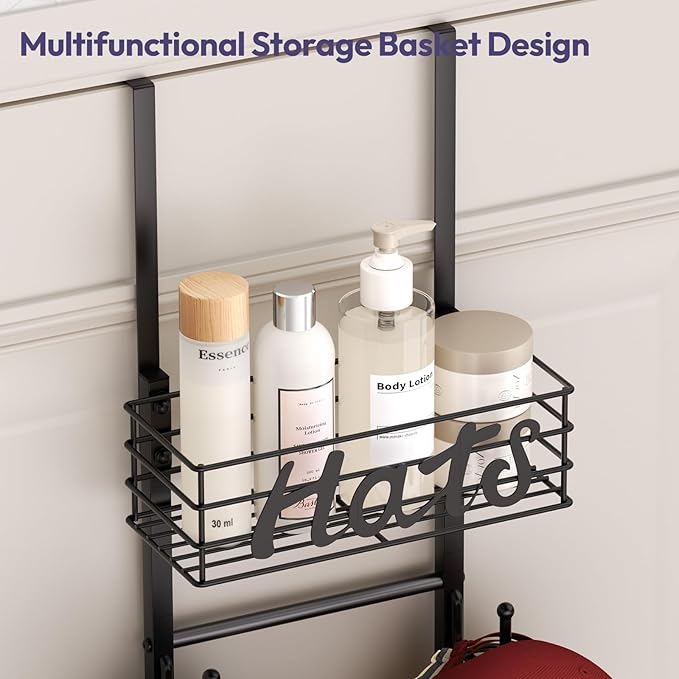 SWTYMIKI Over Door Hat Organizer - Wall Mounted Hat Rack with 6 Hooks and Metal Basket Design, Hanging Baseball Cap Organizer Storage Holds Up to 32 Caps for Door, Bedroom, Closet (Black)