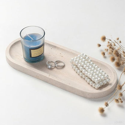Oval Travertine Stone Tray for Jewelry, Candles, Perfume, Decorative Marble Bathroom Tray for Countertop Organizer 9.8inch x 3.9inch x 0.7inch