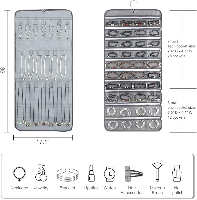 Dual-sided Hanging Jewelry Organizer with 40 Zippered Pockets and 20 Hook Loops Necklace Holder Jewelries Organizer for Earrings Bracelets Rings with 360 Degree Rotating Hanger (40 Zippered Pockets and 20 Hook Loops-Grey)