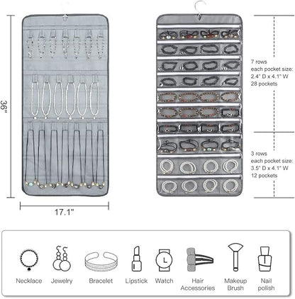 Dual-sided Hanging Jewelry Organizer with 40 Zippered Pockets and 20 Hook Loops Necklace Holder Jewelries Organizer for Earrings Bracelets Rings with 360 Degree Rotating Hanger (40 Zippered Pockets and 20 Hook Loops-Grey)