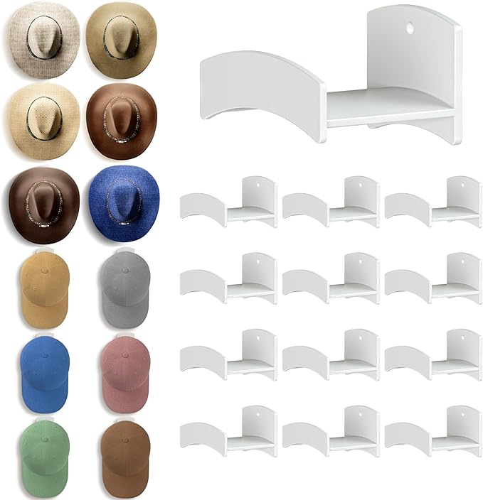 Cowboy Hat Rack(12Pack) - Wide Brimmed Organizer - Strong Adhesive Cowboy Holder - 2.2Inch Hooks for Walls - 2 Mounting Option Holder - Hangers for Doors and Closets - White