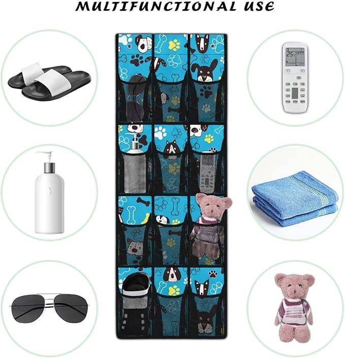 Generic Blue Dog Bed Organizer Hanging Pocket Strong Door Storage Organizer Heavy Duty Over Door Storage Organizer with Waterproof Pockets for Room Behind the Door