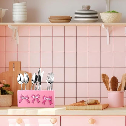 Patelai Pink Bow Wood Flatware Silverware Caddy for Countertop Small Decorative Christmas Utensil Holder Kitchen Counter with 3 Compartment Farmhouse Knife Spoon and Fork Holder for Party Kitchen