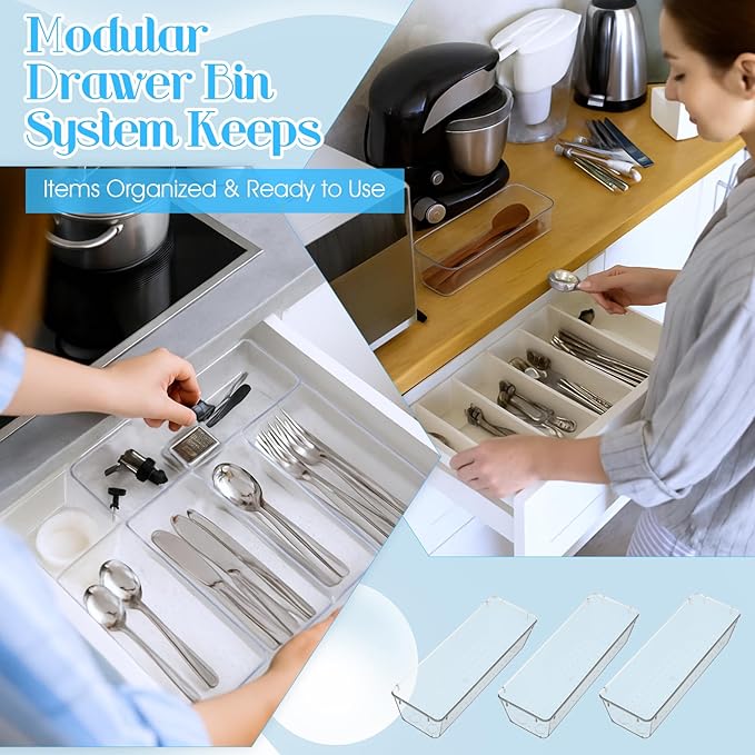 18 Pcs Clear Plastic Drawer Organizer 9 x 3 x 2 Inches Kitchen Bathroom Fridge Utensil Vanity Drawer Organizers Tray Makeup Storage Organizer Drawers Trays for Organization Office