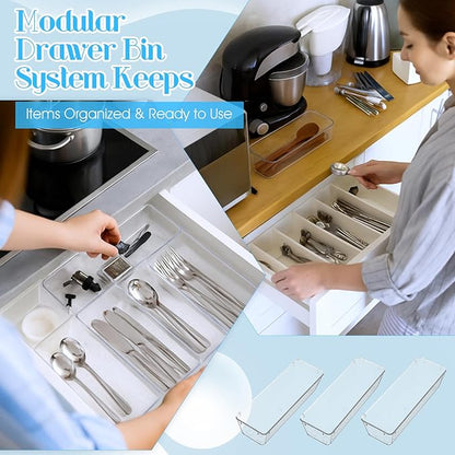 18 Pcs Clear Plastic Drawer Organizer 9 x 3 x 2 Inches Kitchen Bathroom Fridge Utensil Vanity Drawer Organizers Tray Makeup Storage Organizer Drawers Trays for Organization Office