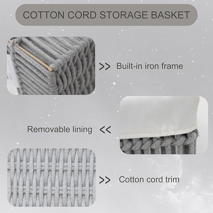Cotton Rope Storage Baskets (Set of 3) - Hand Woven Organizing Basket with Removable Liner & Iron Frame, Decorative Shelf Storage for Closet & Bedroom (Gray)