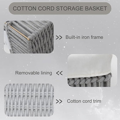 Cotton Rope Storage Baskets (Set of 3) - Hand Woven Organizing Basket with Removable Liner & Iron Frame, Decorative Shelf Storage for Closet & Bedroom (Gray)