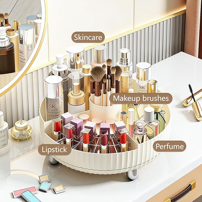 Anyoifax Makeup Perfume Organizer Tray with Divider 360 Degree Rotating Lazy Susan Skincare Lotion Organizer Spinning Cosmetics Storage for Dresser, Vanity, Bathroom Countertop, Large Beige