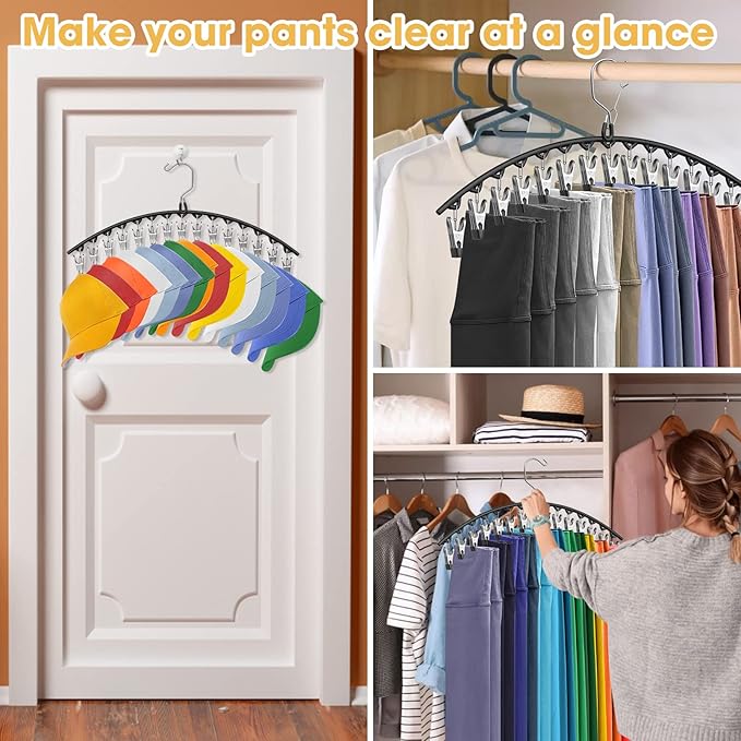 Upgrade Skirt Pants Hangers with Clips, Metal Legging Organizer for Closet with 15 Cilps Holds 60 Leggings/Shorts/Jeans/Skirts Pants Hangers Space Saving Closet Organizers and Storage, Black 4Pack