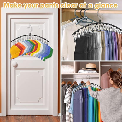 Upgrade Skirt Pants Hangers with Clips, Metal Legging Organizer for Closet with 15 Cilps Holds 60 Leggings/Shorts/Jeans/Skirts Pants Hangers Space Saving Closet Organizers and Storage, Black 4Pack