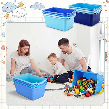 Dandat 16 Pcs Plastic Book Bins for Classroom Library Cubby Bins Scoop Front Stackable Toy Storage Tubs Containers for School Office Home Nursery Playroom Organization (Blue Series)