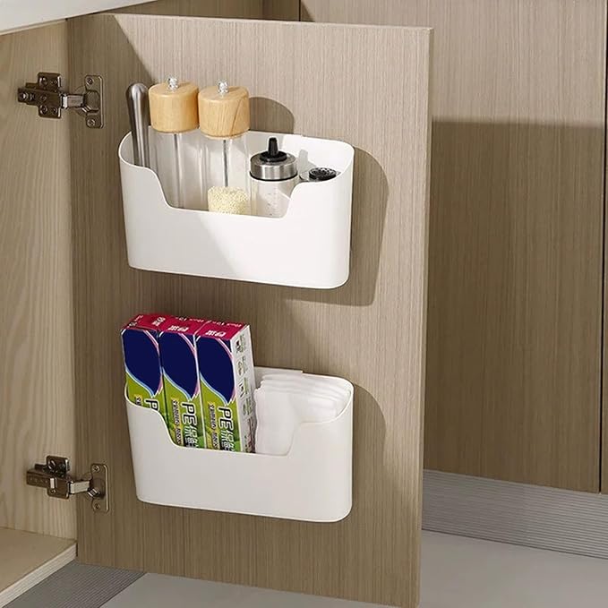 Adhesive Cabinet Door Organizer, Cabinet Door Organizer 2PCS Plastic Adhesive Storage Stackable Plastic Storage Box for Kitchen, Bathroom, White, Pantry
