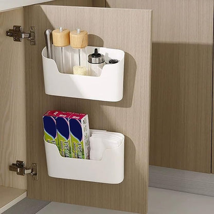 Adhesive Cabinet Door Organizer, Cabinet Door Organizer 2PCS Plastic Adhesive Storage Stackable Plastic Storage Box for Kitchen, Bathroom, White, Pantry