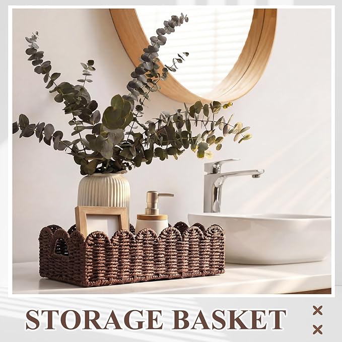 Boao 3 Pcs Boho Storage Wicker Baskets Handmade Woven Decorative Paper Rope Baskets for Organizing with Handle Countertop Toilet Paper Storage Container for Toilet Tank Top(Light Brown,Fan-shaped)