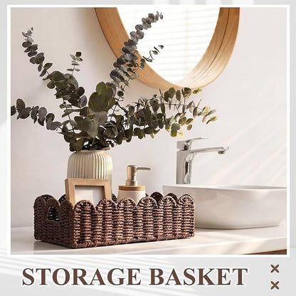 Boao 3 Pcs Boho Storage Wicker Baskets Handmade Woven Decorative Paper Rope Baskets for Organizing with Handle Countertop Toilet Paper Storage Container for Toilet Tank Top(Light Brown,Fan-shaped)