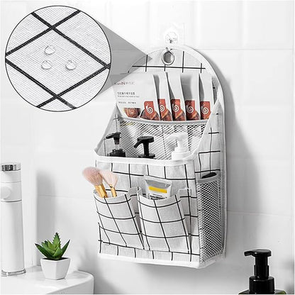 FuninCrea Wall Hanging Storage Bag, Black and White Checkered Linen Organizer Wall Mounted Punch-Free Over The Door Storage Pouch with 6 Storage Pockets and 1 Hanging Hook (White)
