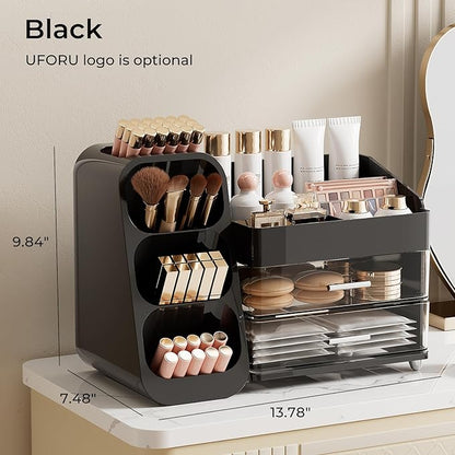 Makeup Organizer for Vanity with Brush Holder, Large Capacity Bathroom Countertop Skincare Organizer with 2 Drawers, Cosmetic Display Case for Perfumes, Eyeshadow Palettes, Nail Polishes