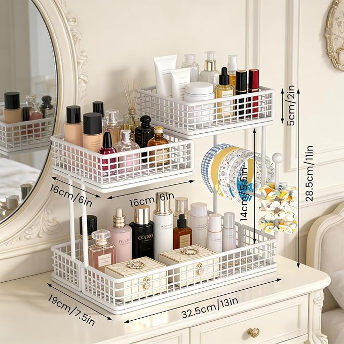 BCWW 3 Tiers Makeup Organizer Countertop Multi Bathroom Counter Organizer Metal Fruit Basket Perfume Skincare Organizers Holder for Vanities, Cabinet, Cosmetic, Dresser Organizer (Square(White))