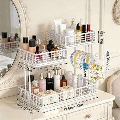 BCWW 3 Tiers Makeup Organizer Countertop Multi Bathroom Counter Organizer Metal Fruit Basket Perfume Skincare Organizers Holder for Vanities, Cabinet, Cosmetic, Dresser Organizer (Square(White))