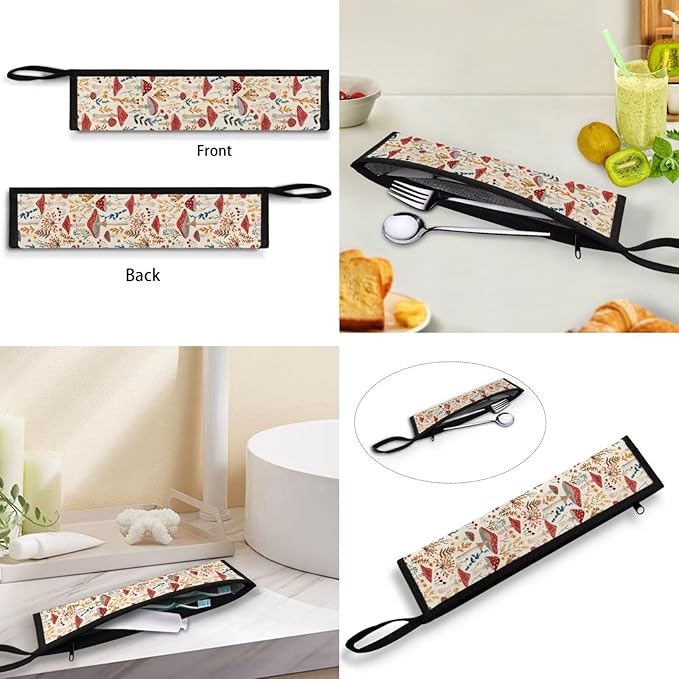 COEQINE Mushroom Utensil Holder Extra Large Capacity Flatware Case for Fork Spoon Knife Organizer With Handles Leafproof Silverware Case With Handle Zipper Travel Silverware Bag White Floral Mushroom