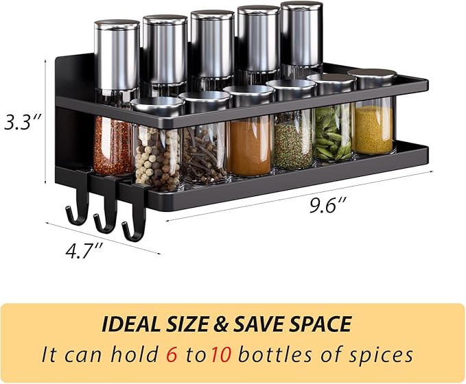 Magnetic Spice Rack for Refrigerator, 2 Pack Magnetic Shelf, Fridge Magnet Organizer with Moveable 6 Hooks, Magnetic Fridge Shelf for Kitchen Organization and Storage(Black, 2 Pack)