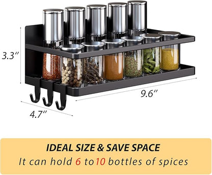 Magnetic Spice Rack for Refrigerator, 2 Pack Magnetic Shelf, Fridge Magnet Organizer with Moveable 6 Hooks, Magnetic Fridge Shelf for Kitchen Organization and Storage(Black, 2 Pack)