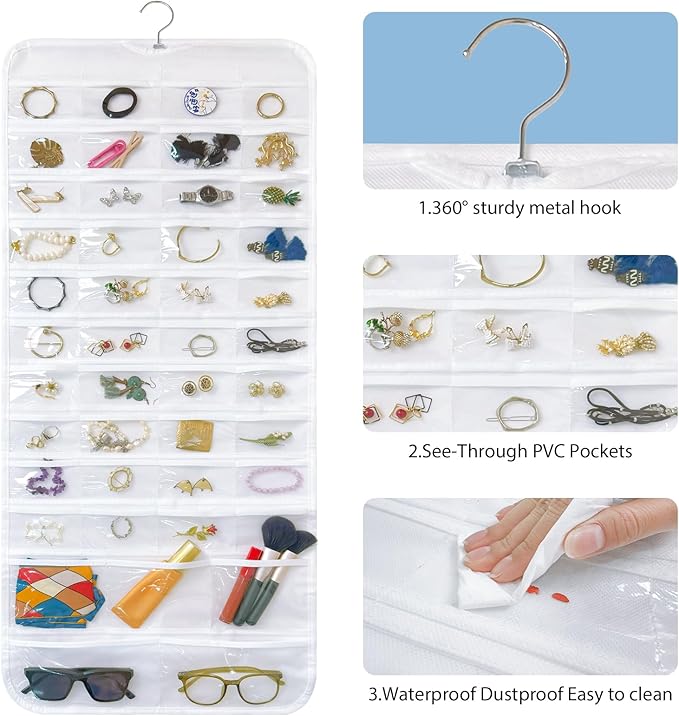 Bloss Hanging Jewelry Organizer With 90 Pockets,Earring Holder Organizer Storage For Valentine's Day Gift,Double-Sided Jewelry Holder for Earrings, Necklaces, Rings on Closet,Wall,Door(White)