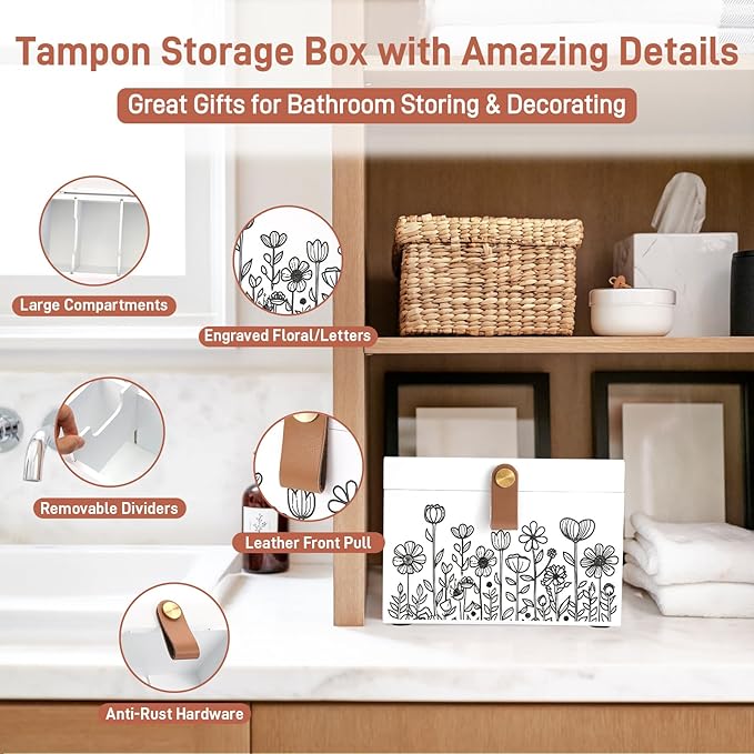 100% Solid Wood Tampon Holder Box with Lid, Copper Leather Pull, Absolute Real Wood Bathroom Decorative Box for Feminine Product Storage and Accessories such as Tampons, Cotton Balls, Gifts for Women