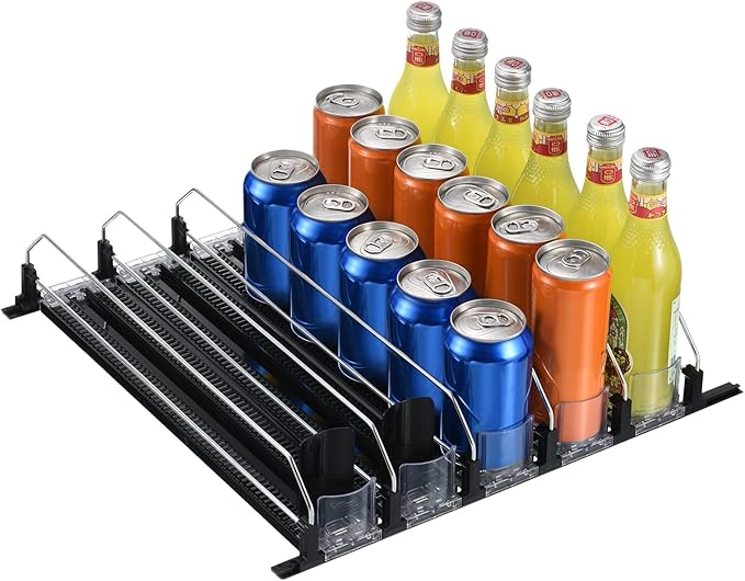 METALLIXITY Soda Can Organizer for Refrigerator (16" x 2.9") 5pcs, Self-Pushing Drink Organizer for Home Fridge, Width Adjustable Drink Dispenser Beverage Pusher for Pantry, Kitchen, Black