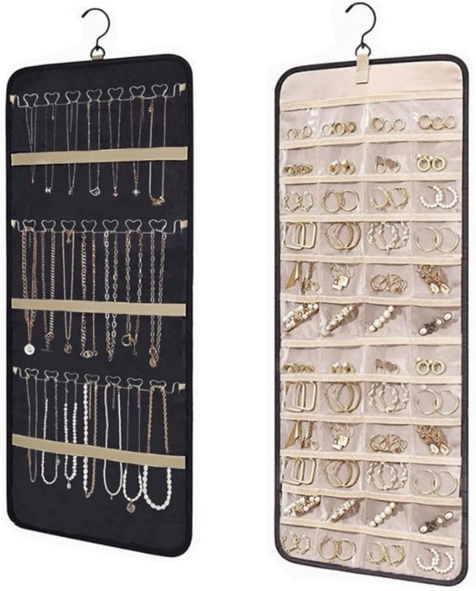 48 Pocket Oxford Fabric Double Sided Hanging Rotating Jewelry Organizer with Hanger Hooks for Earrings, Necklaces, Rings, Bracelets and Other Jewelry Storage