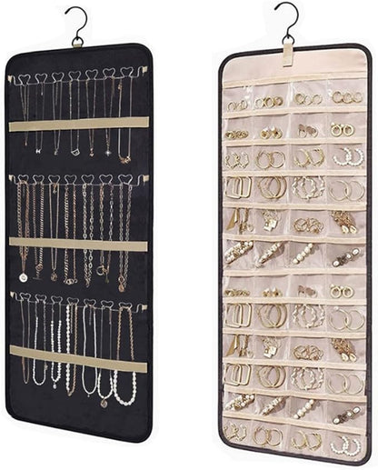 48 Pocket Oxford Fabric Double Sided Hanging Rotating Jewelry Organizer with Hanger Hooks for Earrings, Necklaces, Rings, Bracelets and Other Jewelry Storage