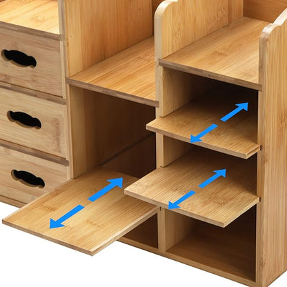 Coloch Bamboo Makeup Organizer with Drawers, Large Cosmetics Storage Shelf for Vanity Countertop Skincare Organizer for Desktop, Skincare, Beauty Supplies, Cosmetics Display, Stationery Storage