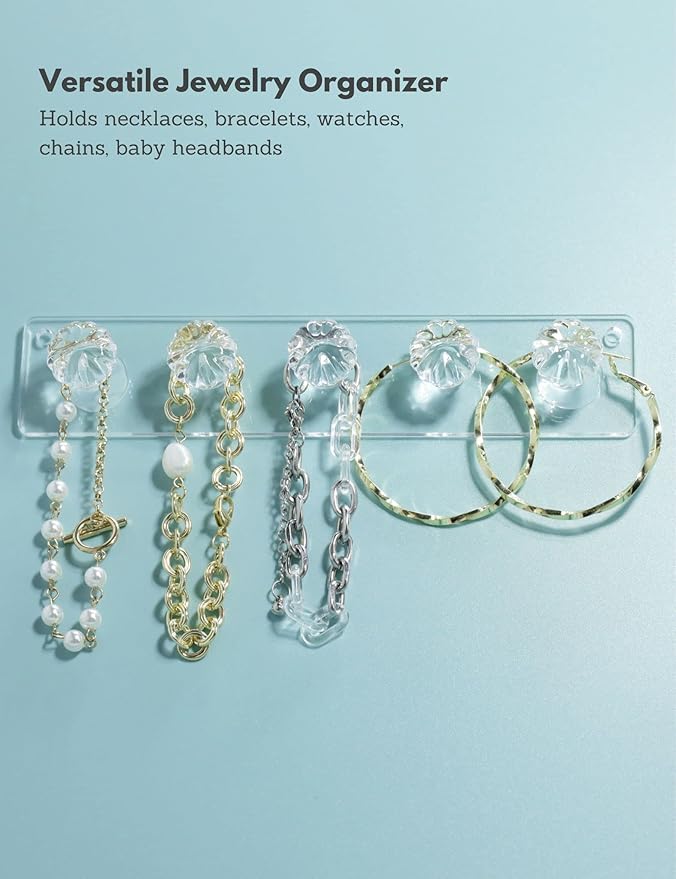 Zreal Necklace Hanger, Acrylic Necklace Holder Short with 5 Jewelry Hooks in Seashell Shape, Wall Mount Jewelry Hanger for Necklace, Bracelets, Chians (4-pack Clear)