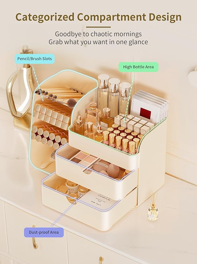 Booklov Makeup Organizer for Vanity, Countertop Cosmetic Display Case with Drawer, Bathroom Counter Beauty Caddy, Comfyroom Table Storage Holder for Skincare, Brush Eyeliner Eyeshadow Lipsticks, Creem
