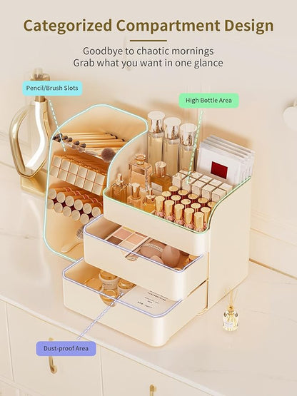 Booklov Makeup Organizer for Vanity, Countertop Cosmetic Display Case with Drawer, Bathroom Counter Beauty Caddy, Comfyroom Table Storage Holder for Skincare, Brush Eyeliner Eyeshadow Lipsticks, Creem