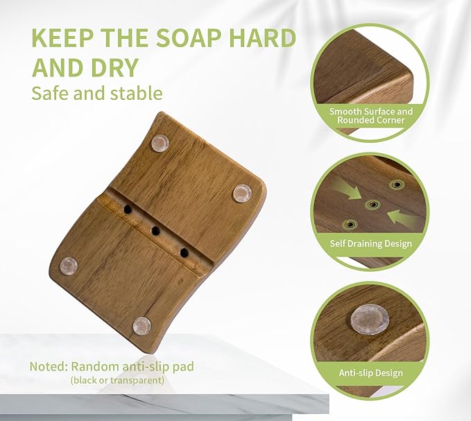 Wood Self-Draining Bar Soap Holder, Soap Dish with Draining, 3 Holes Design Keep Soap Saver Tray/Sponge Holder Dry, Bathroom/Kitchen Soap Case, Brown