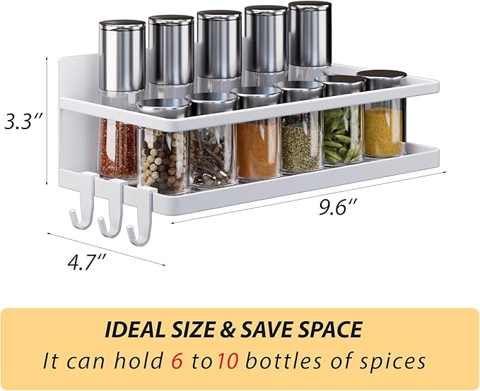 Magnetic Spice Rack for Refrigerator, 2 Pack Magnetic Shelf, Fridge Magnet Organizer with Moveable 6 Hooks, Magnetic Fridge Shelf for Kitchen Organization and Storage(White, 2 Pack)