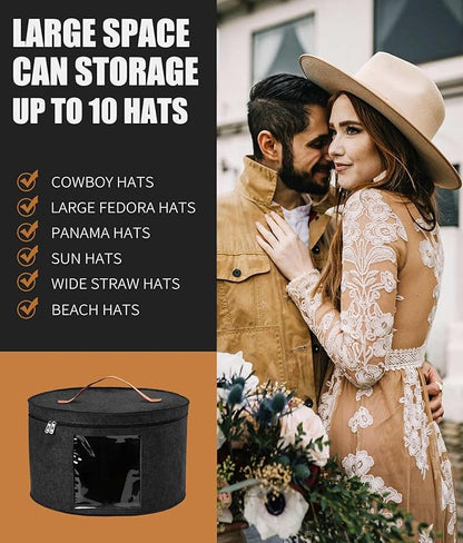 Hat Box, Travel Hat Storage Box, Foldable Space-saving Hats Boxes Organizer for Men & Women Storage, Stackable Hats Carrier Case for Round Brim, Cowboy, Panama, Tweed Caps - Black