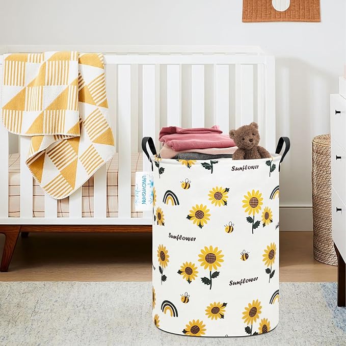 Storage Bin, Canvas Fabric Collapsible Organizer Basket for Laundry Hamper,Toy Bins,Gift Baskets, Bedroom, Clothes,Baby Nursery (Sunflower)