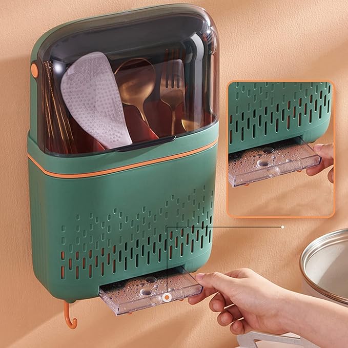 Chopstick Container, Kitchen Cutlery Drainer, Hanging Kitchen Utensil Holder, Waterproof Chopstick Storage Rack, Rustproof Compartmental Storage Cutlery Drainer with Cover for(Coloured Glaze Green)