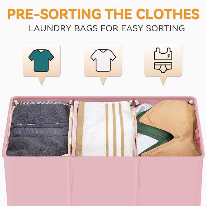 WOWLIVE 180L Laundry Hamper with Lid 3 Section,Large Laundry Basket with Removable Bags and Handles,Collapsible Dirty Clothes Hampers for Laundry,Laundry Basket Organizer for Laundry Room,Dorm,Pink