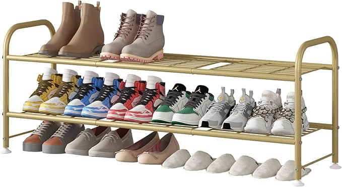 LINZINAR Shoe Rack Long 2 Tier Shoe Storage Organizer Metal Wide Shoe Shelf for Closet Entryway Bedroom 18 Paris Large Capacity, Gold