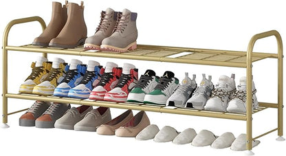 LINZINAR Shoe Rack Long 2 Tier Shoe Storage Organizer Metal Wide Shoe Shelf for Closet Entryway Bedroom 18 Paris Large Capacity, Gold